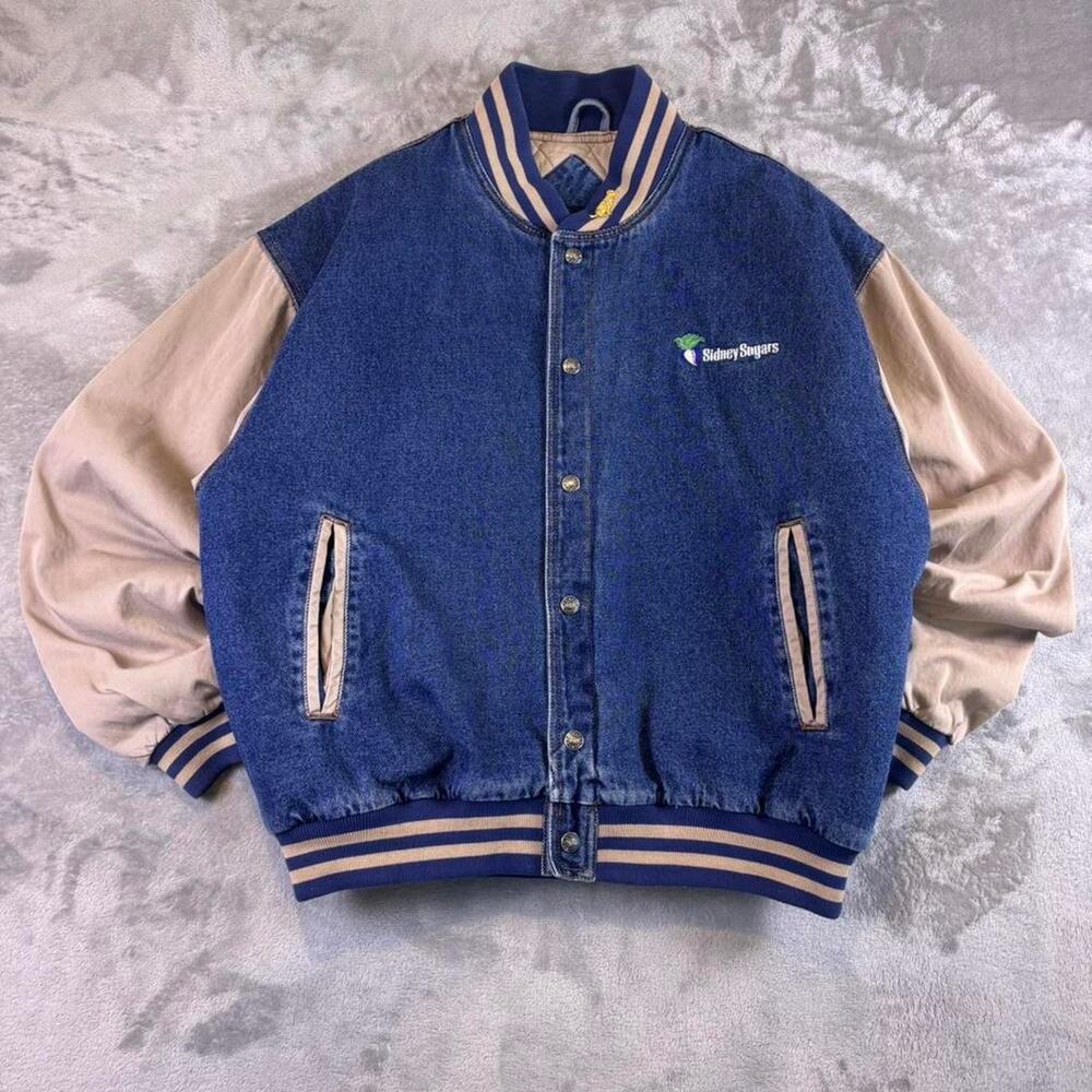 Vintage 90s Tri-Mountain Denim Varsity Jacket Blue Tan Embroidered Large